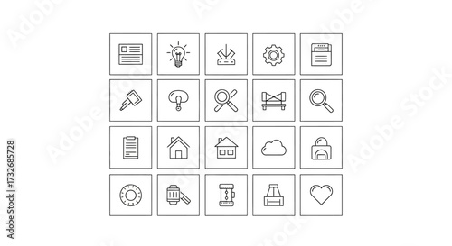 Collection of simple line icons, various subjects, business, technology, and lifestyle.