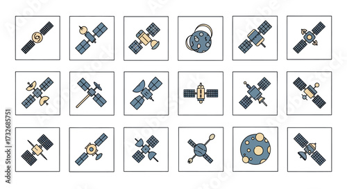 Collection of space satellite and probe vector icons.