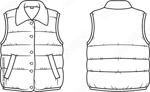 Technical fashion flat, padded vest front and back view, vector illustration, apparel design template, quilted stitching, button closure, welt pockets, high collar
