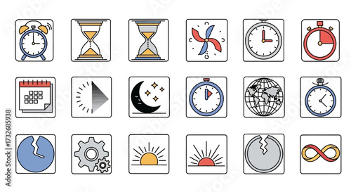 Collection of Time and Clock Icons in a Modern Outline Style.