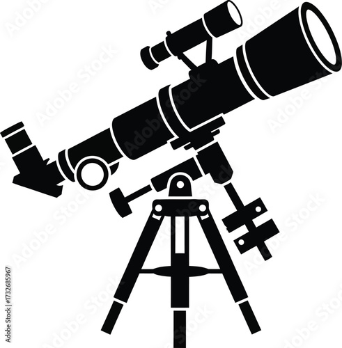 Telescope icon. Astronomical telescope on a tripod. Spyglass, telescope with small finder scope vector illustration silhouette