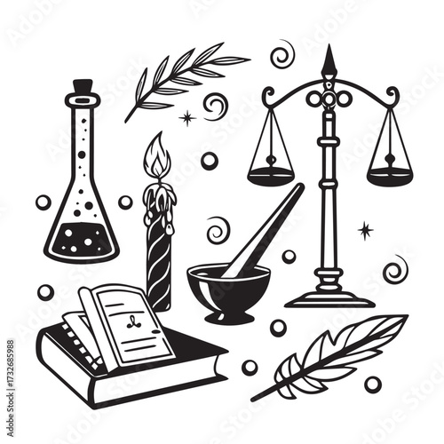 A captivating illustration isolated on white background showcases a harmonious blend of mystical and scientific elements, featuring scales, a mortar and pestle, a book, and an erlenmeyer flask
