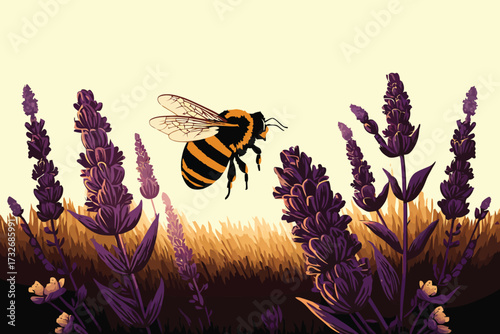 Bee on lavender flower watercolor on isolated background, vector illustration