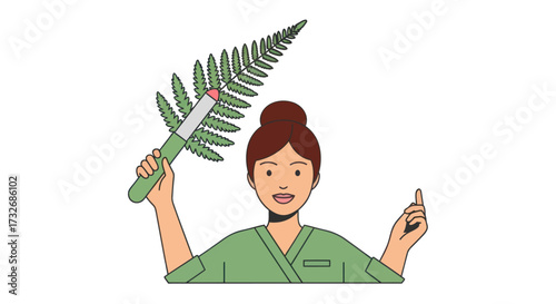 Woman in scrubs holding fern frond and pointing up