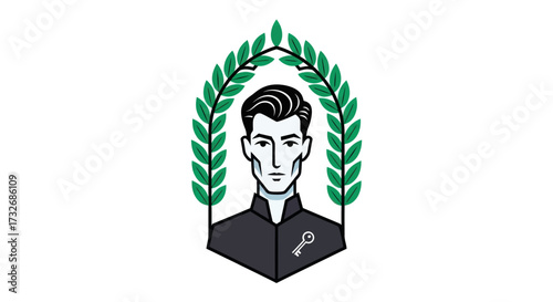 Stylized portrait with laurel and key