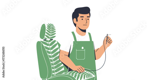 Seamster sewing a fern design into a seat