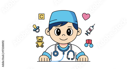 Cute cartoon boy dressed as a doctor with medical icons.