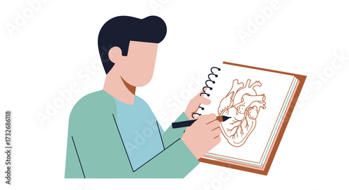 Artist meticulously sketching an anatomical human heart in a notebook.