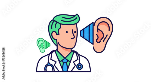 Audiologist icon, doctor with soundwaves