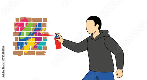 Faceless person spray painting colorful art onto a brick wall