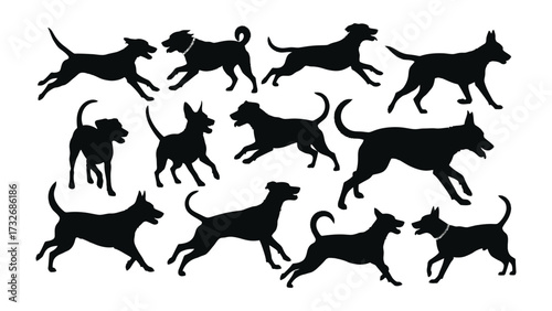 Dynamic Dog Silhouettes: A captivating collection of dog silhouettes in various poses, highlighting the agility and diverse breeds, showcasing the elegance of canine forms. 