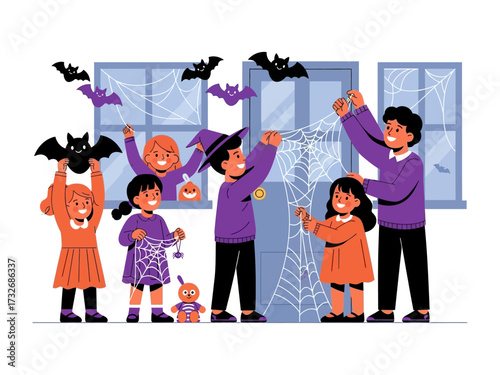 Halloween Decorating: Children are joyfully decorating a house with festive adornments for a Halloween celebration.