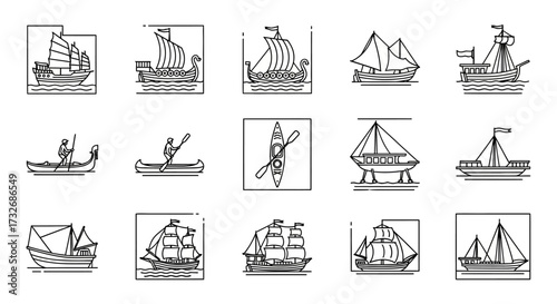 Collection of various boat types and watercraft in a line art style.