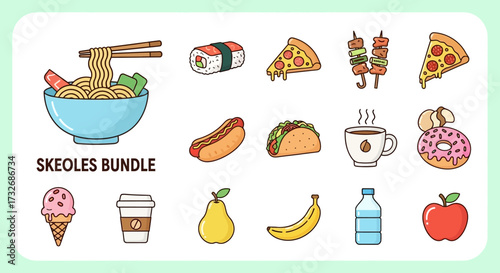 Collection of various food items including noodles, sushi, pizza, kebabs, tacos, coffee, donuts, ice cream, and fruits.