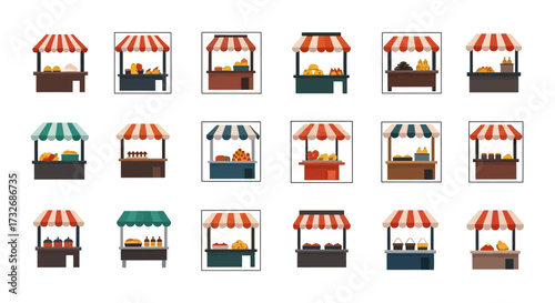 Collection of various food market stalls.