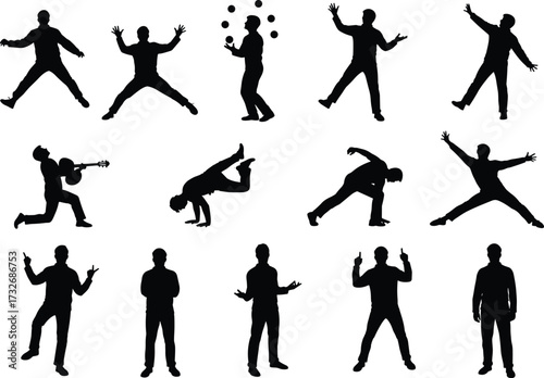 Vector illustration of man silhouettes in various poses including dancing, jumping, juggling, playing guitar, standing, and expressive movements.