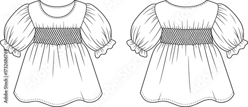 Technical fashion flat, girls dress front and back view, vector illustration, apparel design template, smocked bodice, puff sleeves, ruffle cuffs, scalloped hem