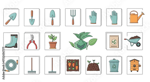 Collection of various gardening tools and equipment for outdoor work.