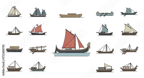 Collection of various historical sailing boats and ships.