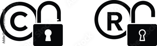 Open access copyright and trademark icons, intellectual property symbols, unlocked padlock, legal freedom, black contour, white background, minimal design