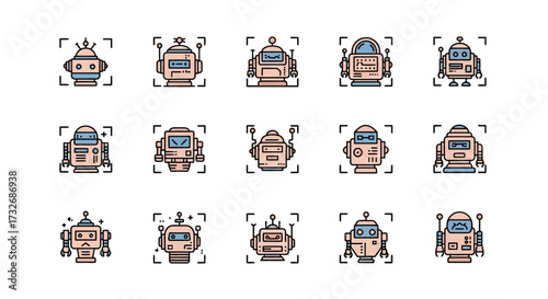 Collection of various robot designs, focused on detailed robot features, in a grid format, with a highlighted focus on each robot.