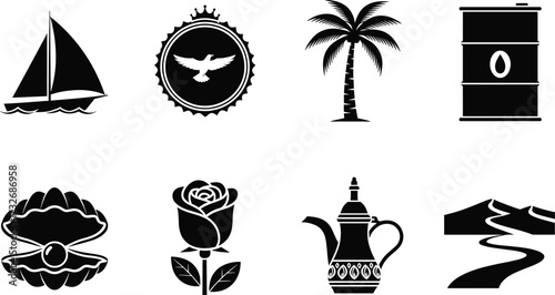 Middle Eastern traditional culture vector icons collection with sailing boat, palm tree, oil barrel, pearl shell, rose, coffee pot, desert.
