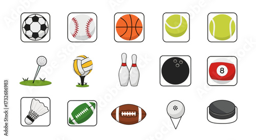 Collection of various sport icons and balls.