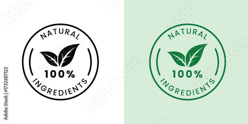 100% natural ingredients or Natural ingredients product icon vector. Organic ingredients green label stamp. 100% natural ingredients, organic bio pharmacy and natural skincare cosmetic product.