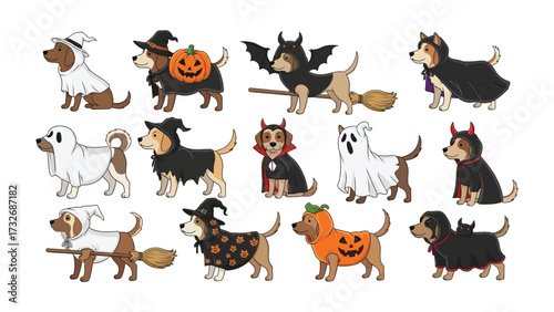 Halloween Canine Costumes: An array of adorable canines donned in Halloween costumes, offering a diverse spectacle of spooky characters, ideal for festive seasonal decor.