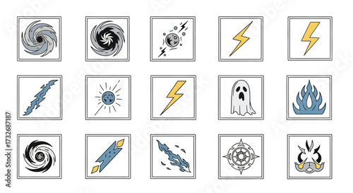 Collection of Weather and Supernatural Icons in Square Frames.