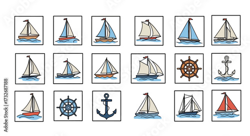 Collection of watercolor sailboats, anchors, and ship wheels in a nautical theme.