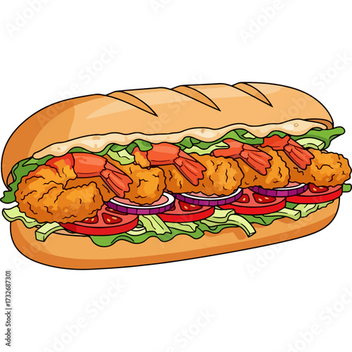 An authentic New Orleans style Po' Boy sandwich. This iconic Cajun and Creole street food graphic is perfect for promoting Southern restaurants, food festivals, or Mardi Gras events.