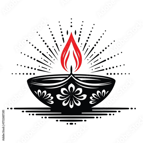 Vector art of traditional diya lamp with flame illustration
