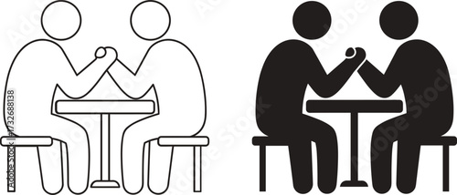 Arm wrestling silhouette icons, competition figures, strength challenge, rivalry scene, black contour, white background, minimal style, sports interaction illustration