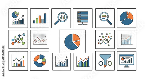 Data visualization icons representing various analytical concepts and business insights.