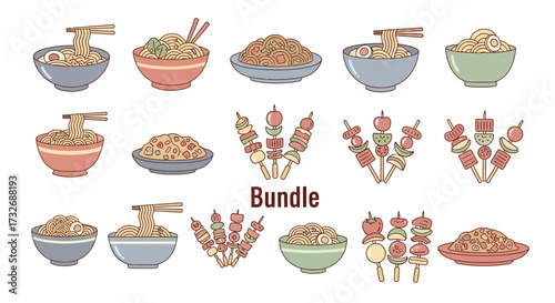 Delicious Asian Food Bundle - Noodles, Skewers, and Bowls of Culinary Delights.