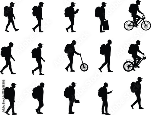 Vector illustration of traveler silhouettes with backpack walking, cycling, reading, carrying luggage, and commuting for tourism, lifestyle, and journey design.