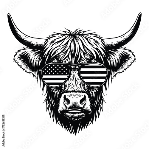 Vector art of highland cow with american flag sunglasses