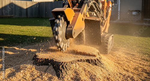 The process of crushing a tree stump with specialized equipment in the yard with flying sawdust. Dismantling an old tree stump