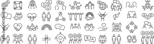 Diversity and inclusion icon set, black and white grid of communication, empathy, teamwork, and equality symbols, cad drawing flat vector illustration