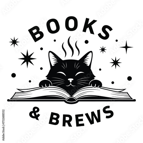 Vector art of black cat reading book with books and brews logo