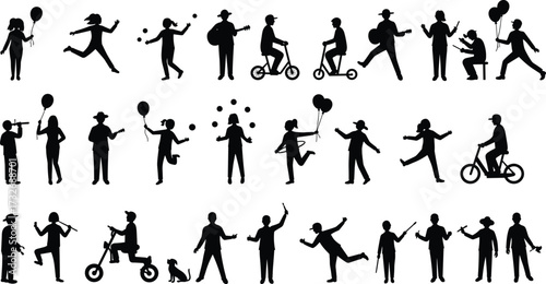 Human activity silhouettes, walking, dancing, juggling, biking, musical play, interaction, black contour, white background, minimal style, social movement icons