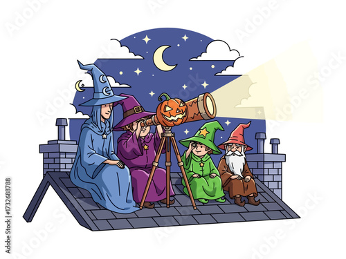 Wizard stargazing on rooftop: A whimsical illustration of a group of wizards, cloaked in vibrant attire, gathered on a rooftop under the night sky.