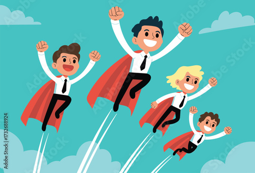 Cartoon business team flying, superhero pose illustration, red cape professionals in sky, leadership motivation concept, teamwork success graphic, corporate ambition artwork