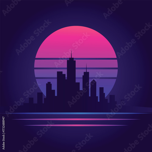 Minimal Futuristic City Silhouette with Gradient Sun & Neon Lines