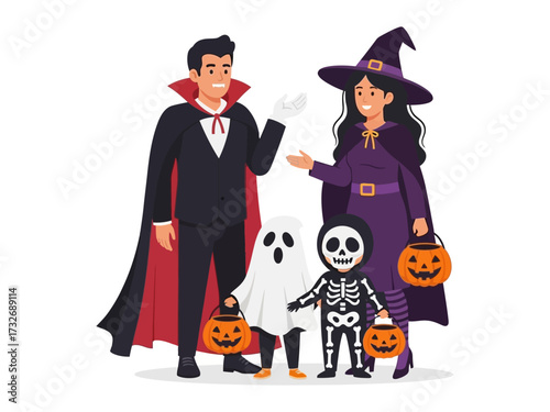 Halloween Family Gathering: A family, dressed in delightful Halloween costumes, stands together, embodying the festive spirit of the season with their creative attire and trick-or-treat spirit.