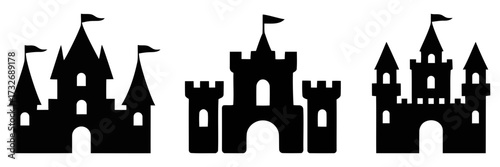 silhouetted castles with flags. castle icons set