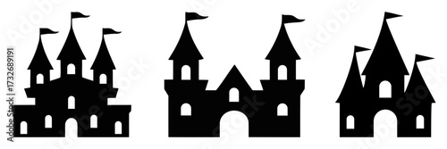 silhouette castles with flags on white background