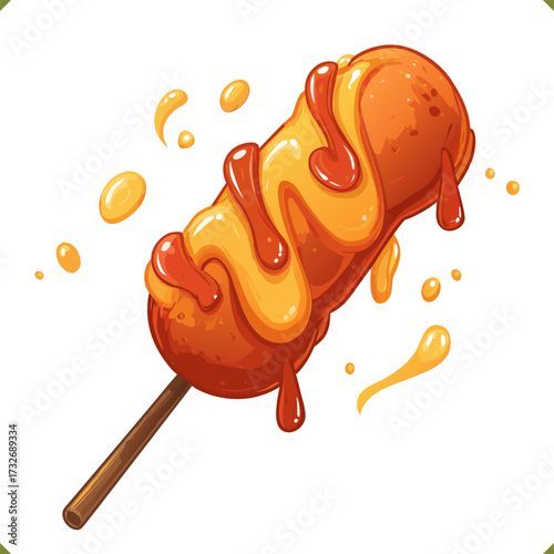 Vector illustration of Korean corn dog on stick with ketchup and mustard topping, isolated on a white background