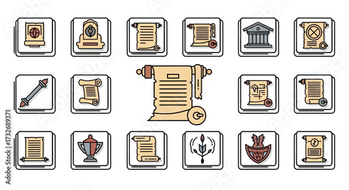 Hand drawn vector icon set of ancient scrolls and historical documents.